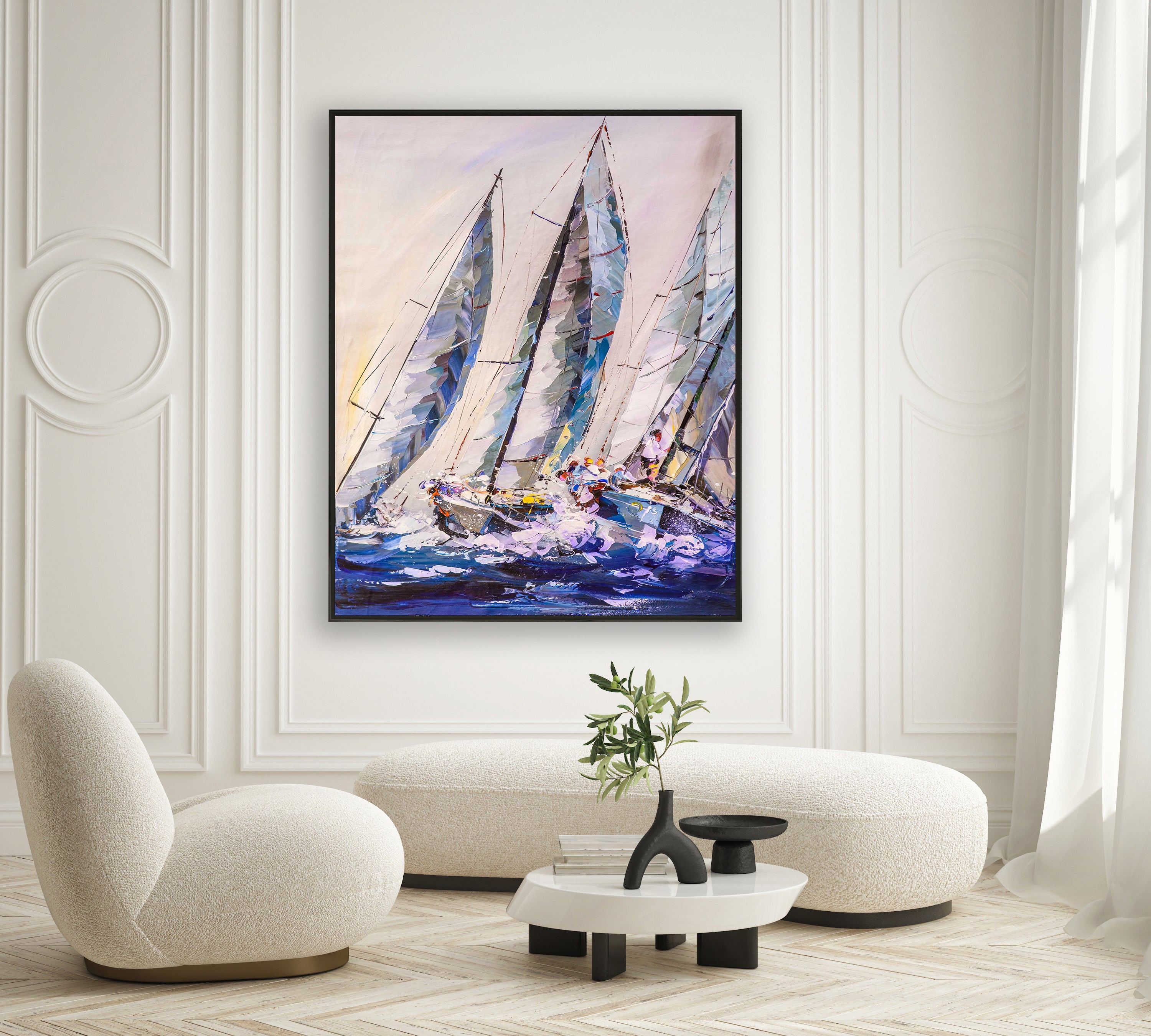 a painting of a sailboat in a living room