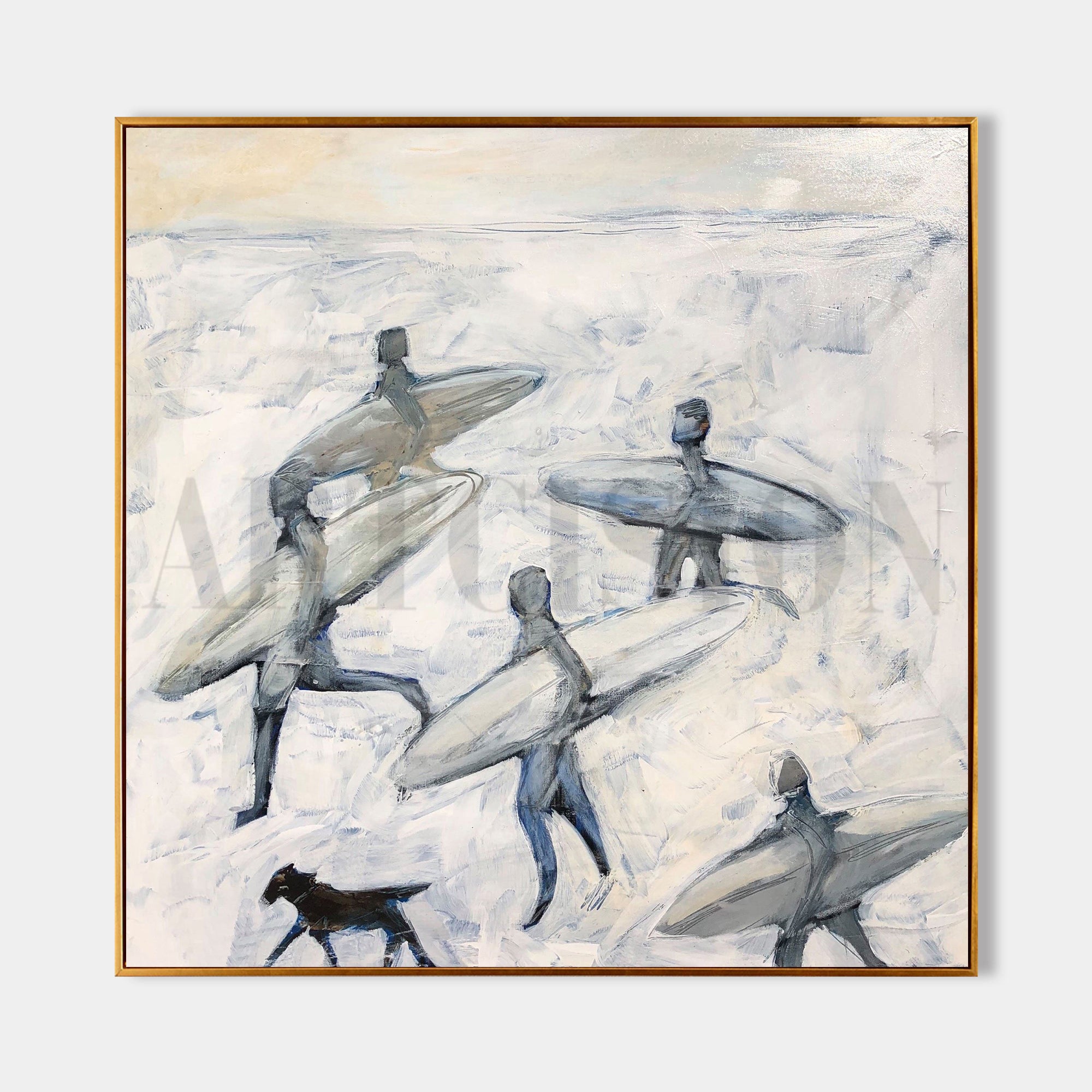 a painting of a group of people with surfboards