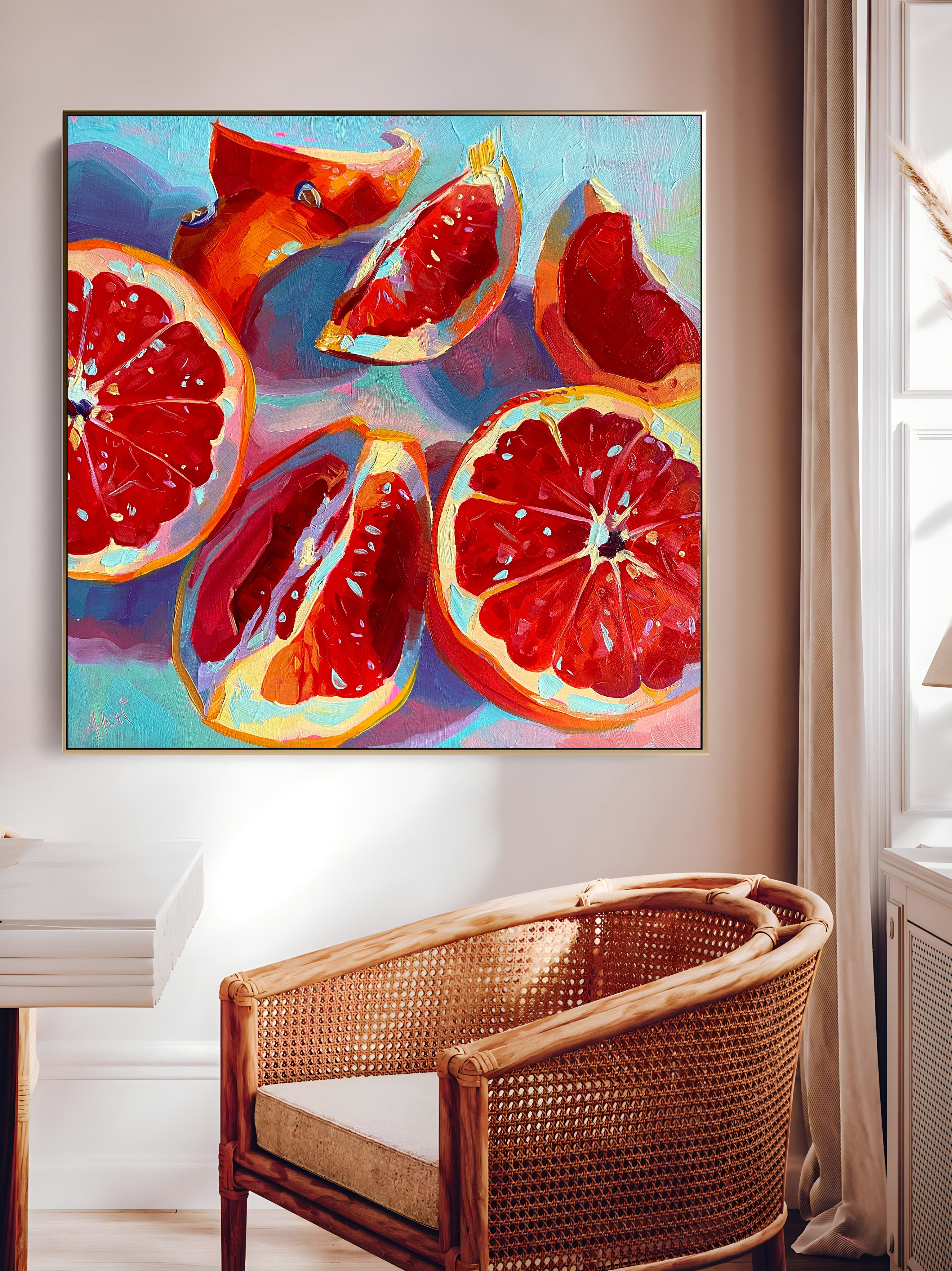 a painting of grapefruits on a blue background