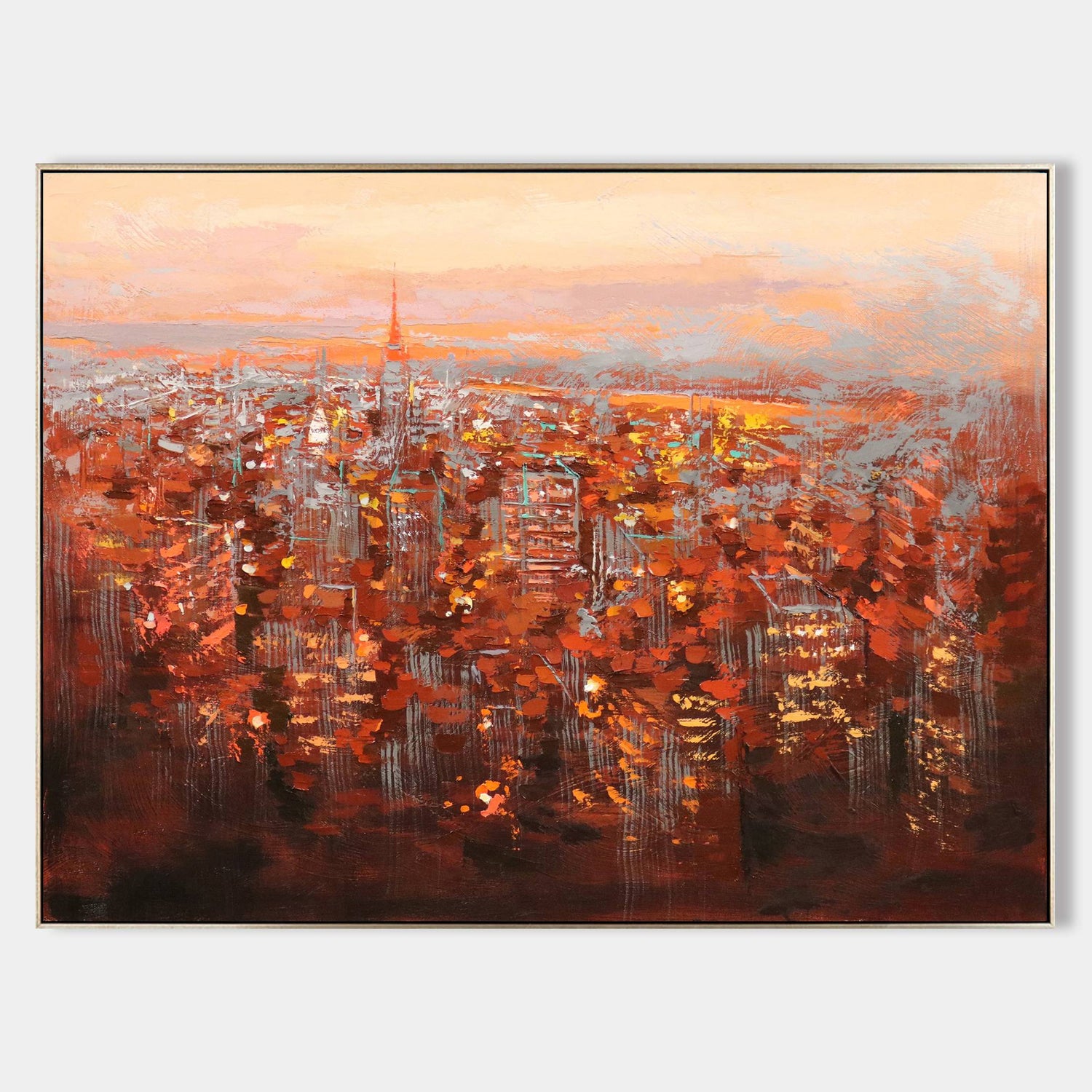 a painting of a cityscape at sunset