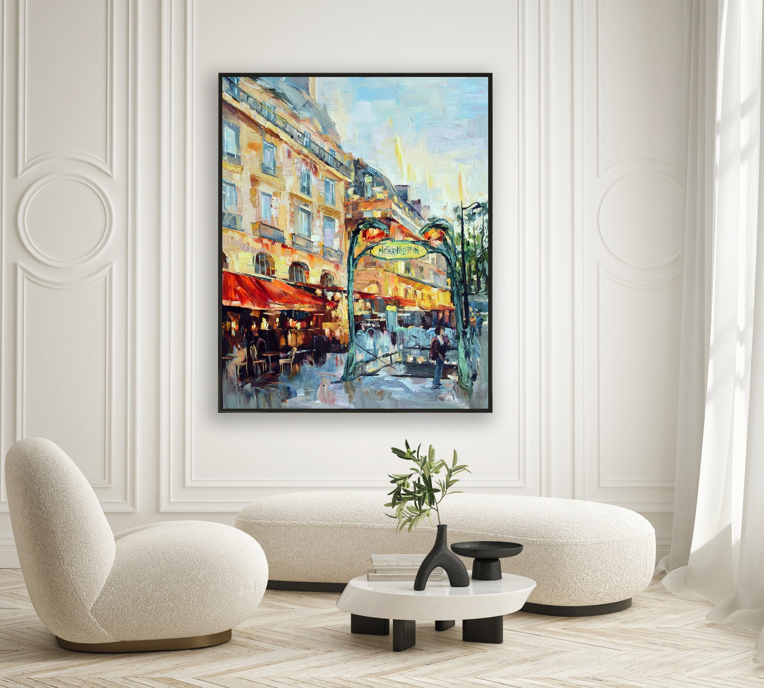 a painting of a city street in a living room