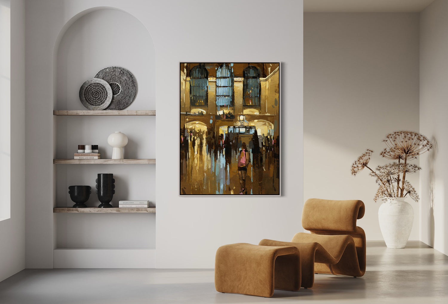 a living room with two chairs and a painting on the wall