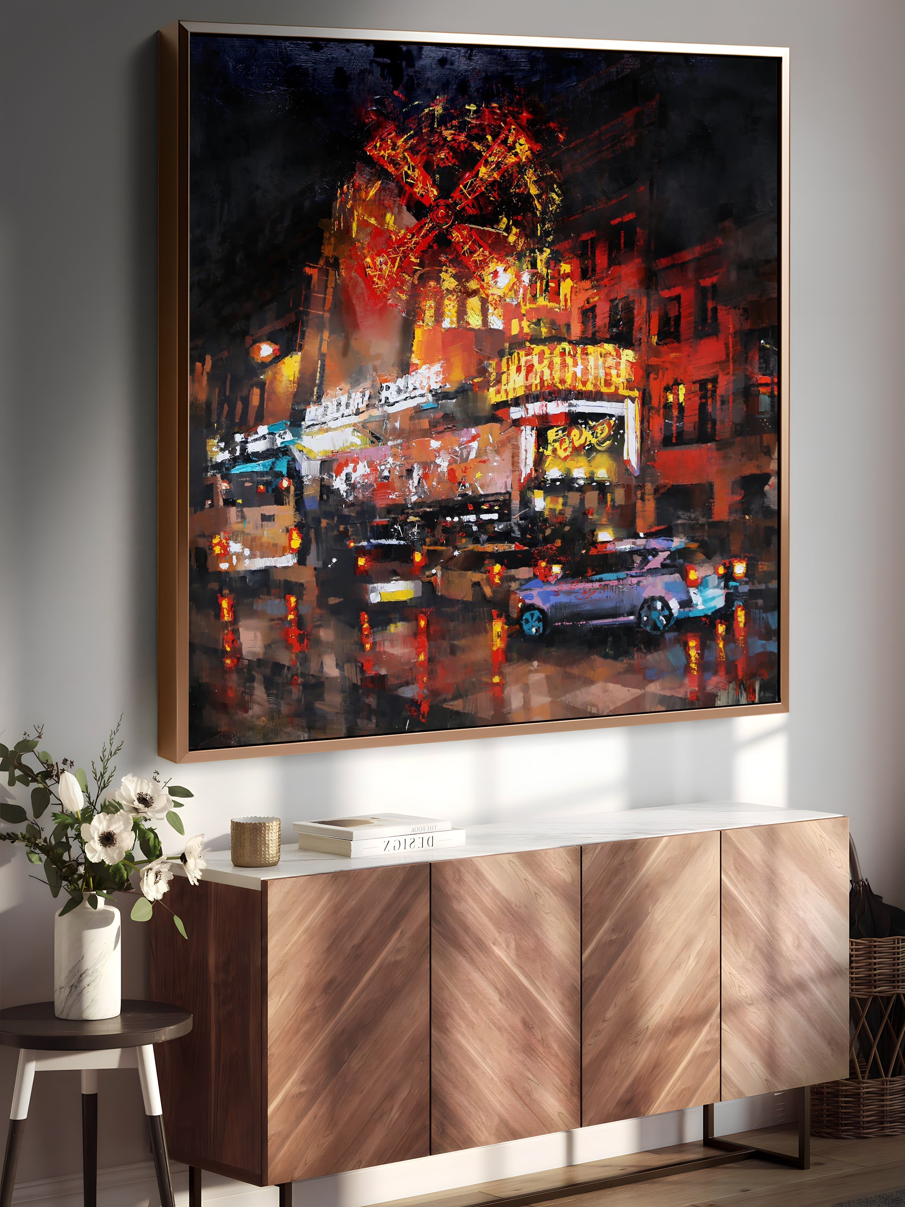 a painting hanging on a wall next to a sideboard