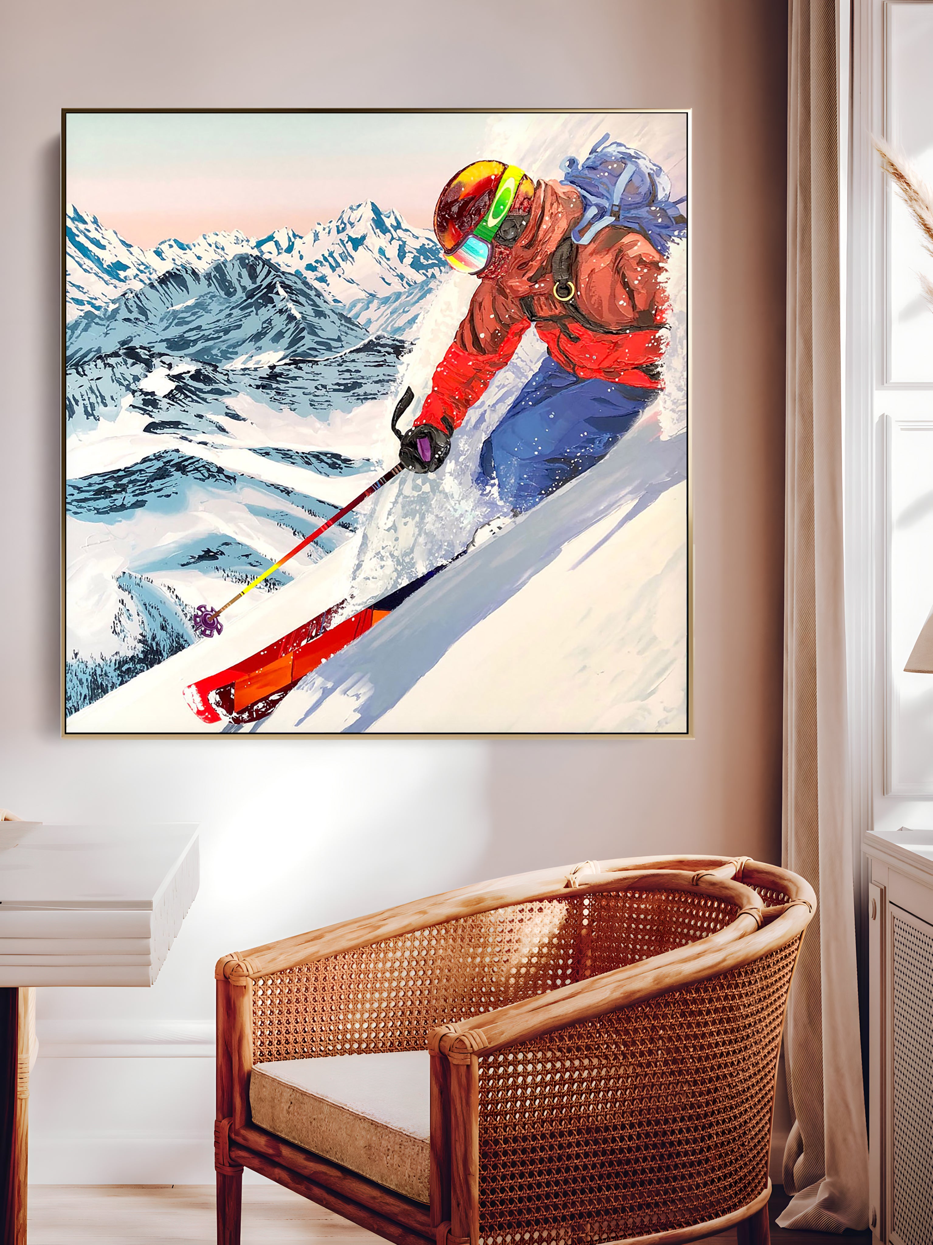 a painting of a skier going down a mountain