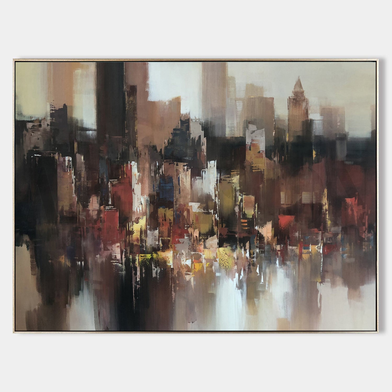 a painting of a cityscape with buildings in the background