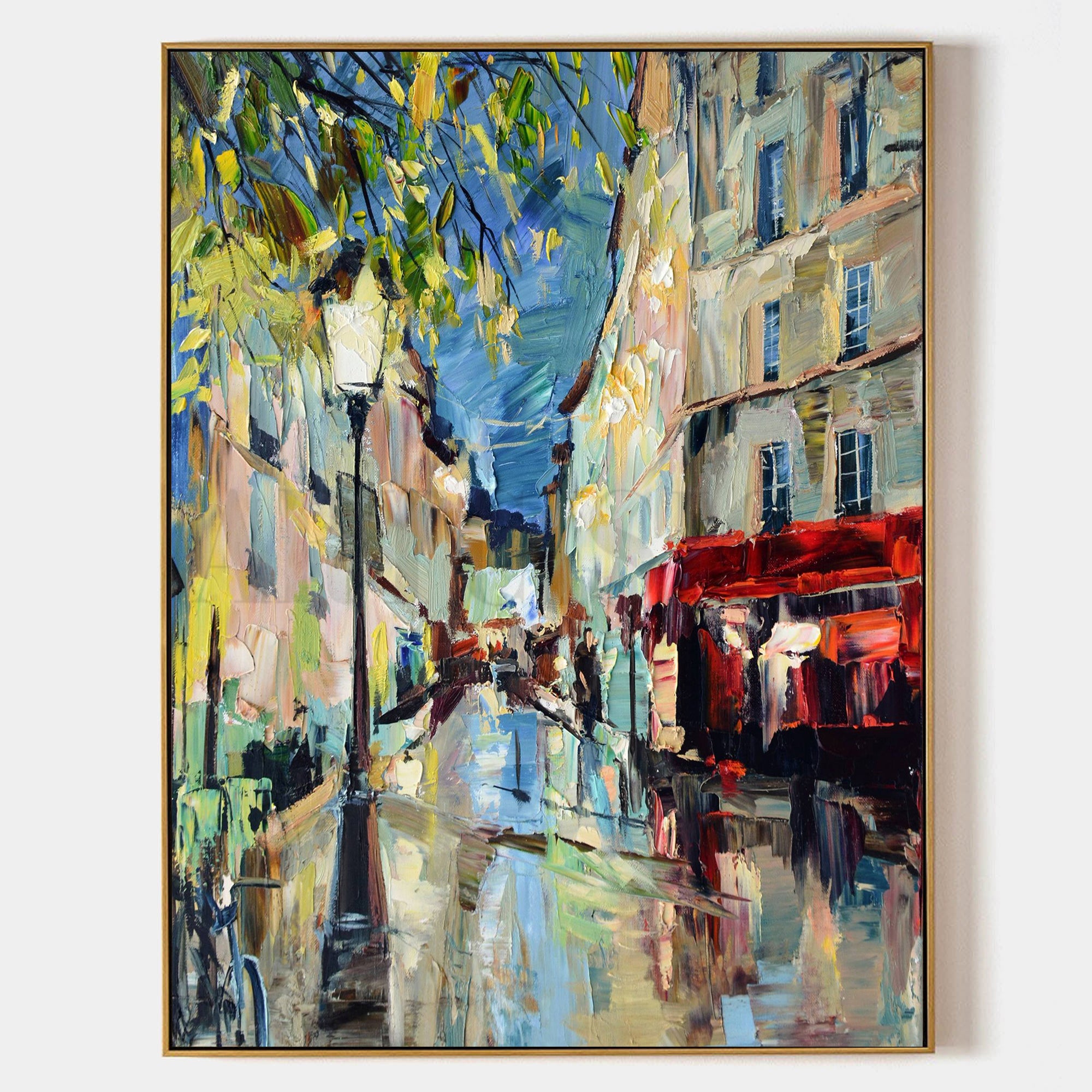 a painting of a city street with a red bus