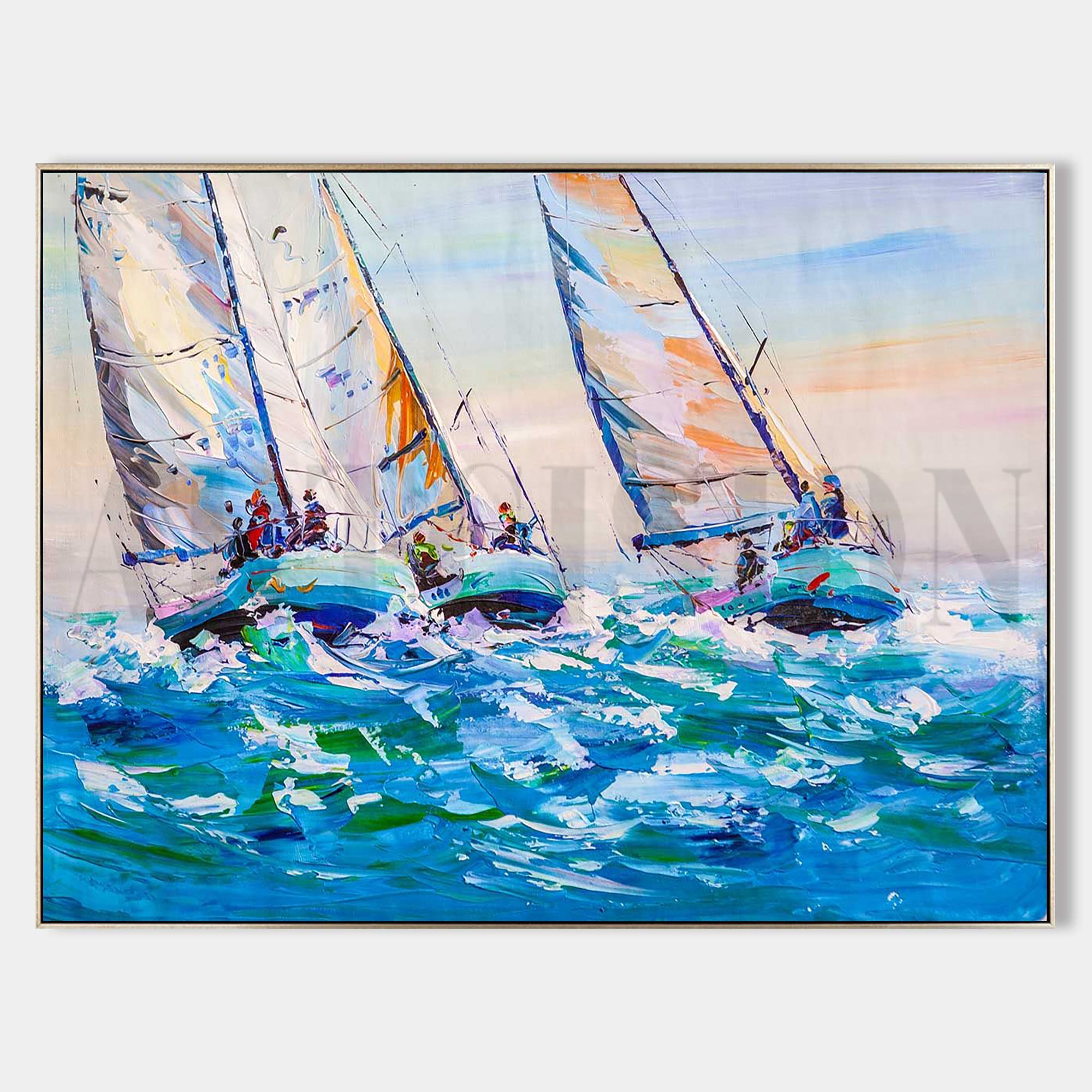 a painting of sailboats in the ocean