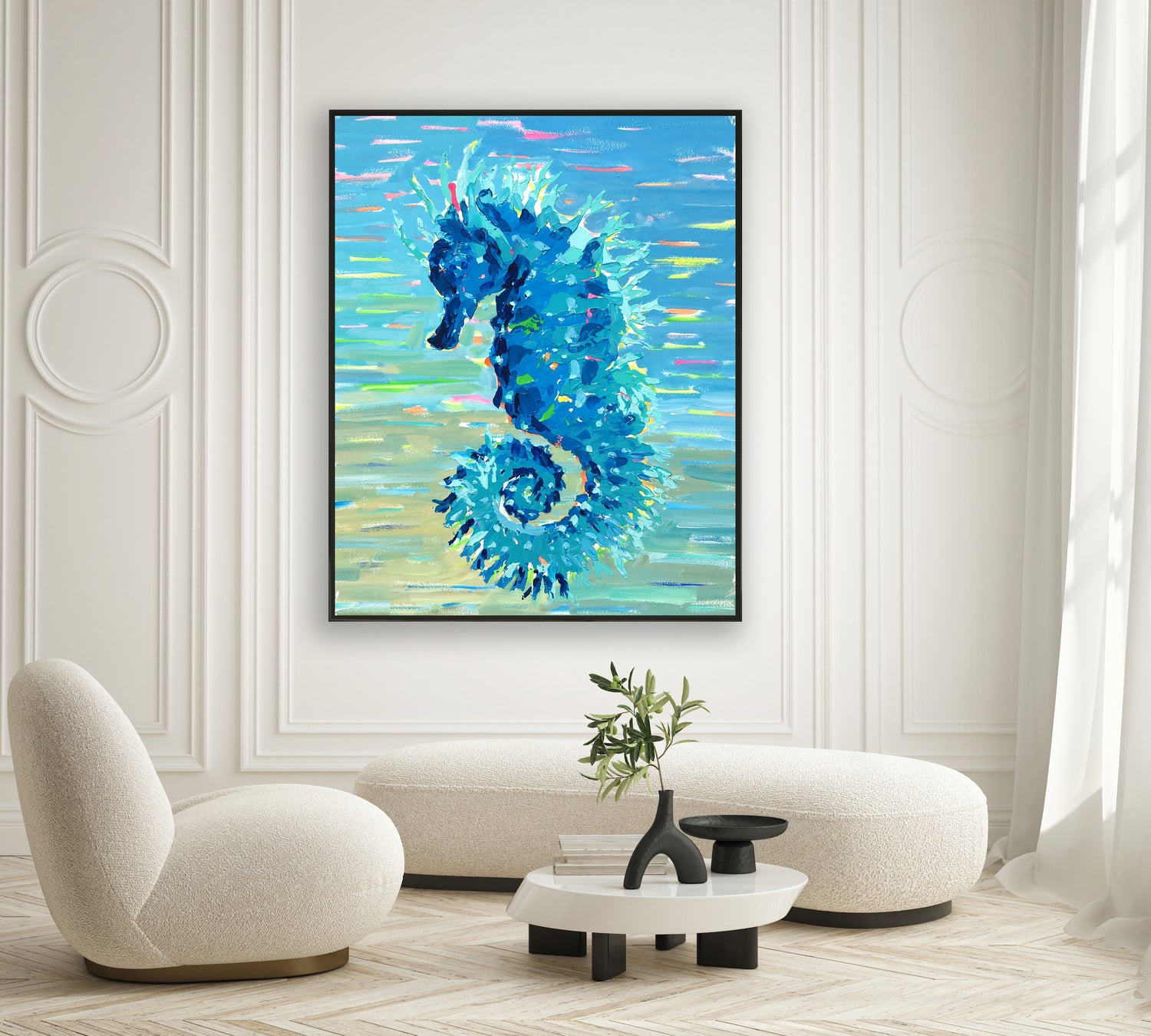 a painting of a blue sea horse on a white wall