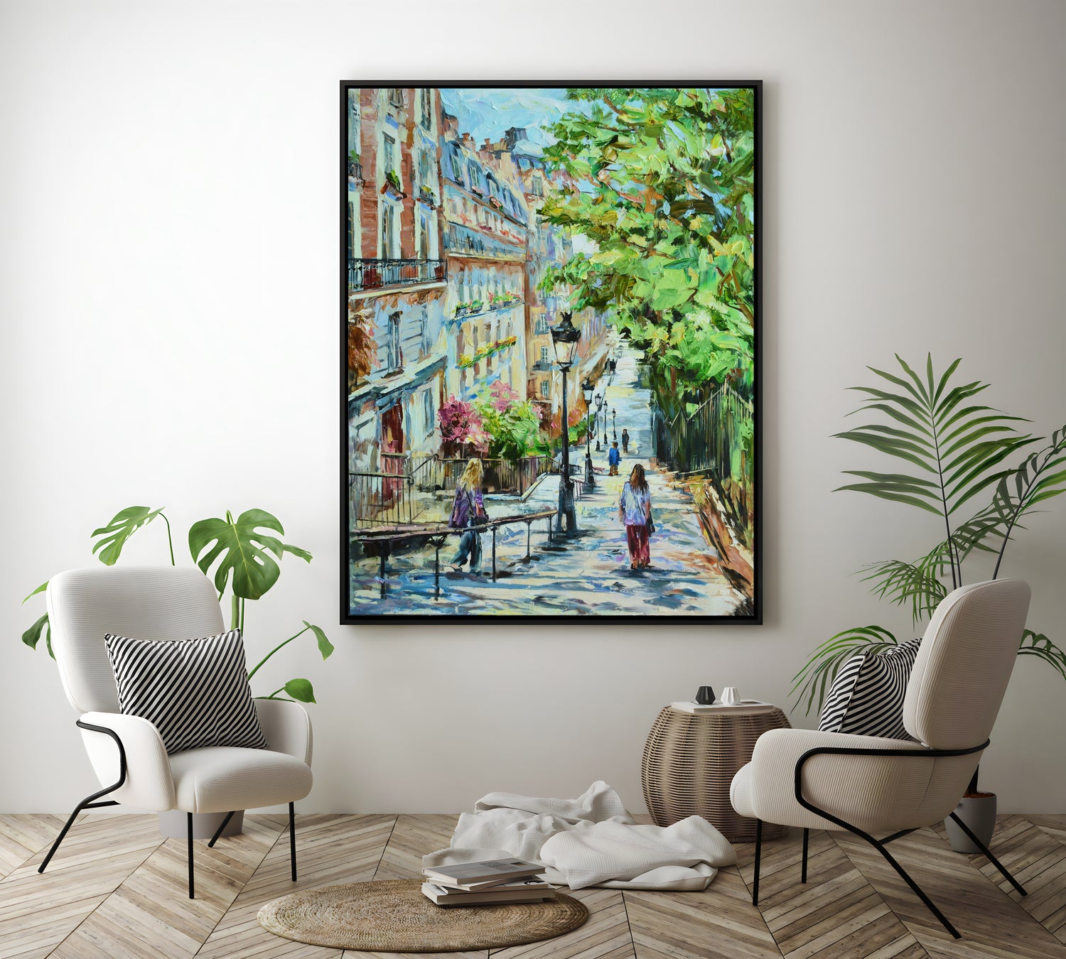 a painting of people walking down a city street