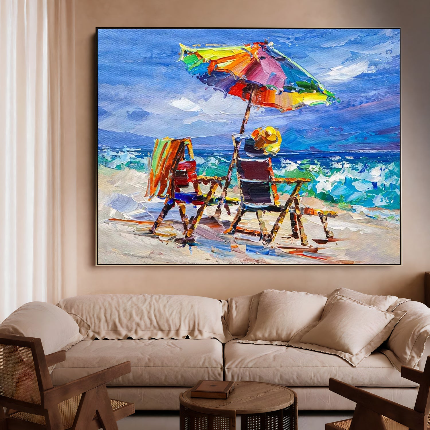 a painting of two people sitting under an umbrella on the beach