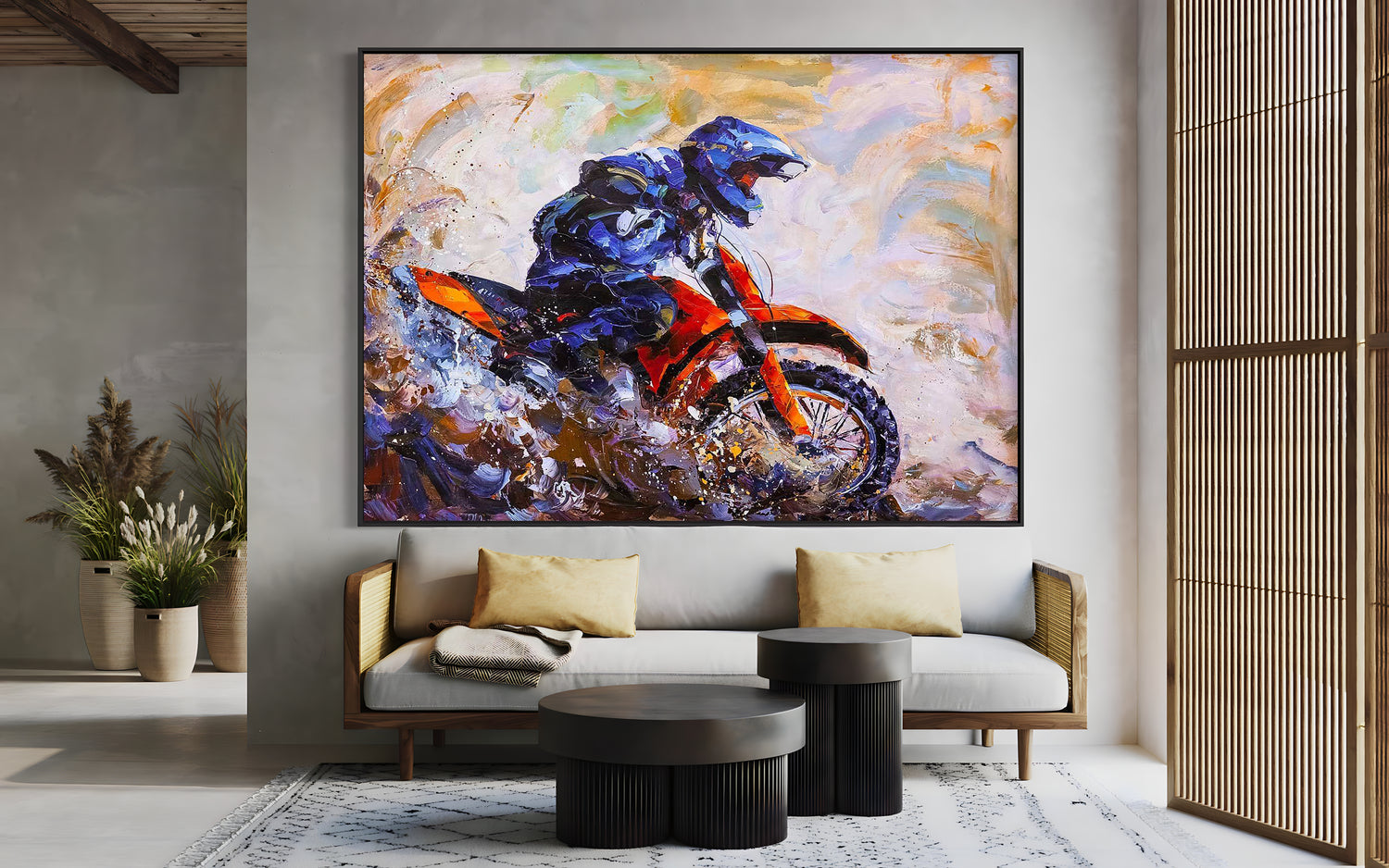 a painting of a man riding a motorcycle in a living room