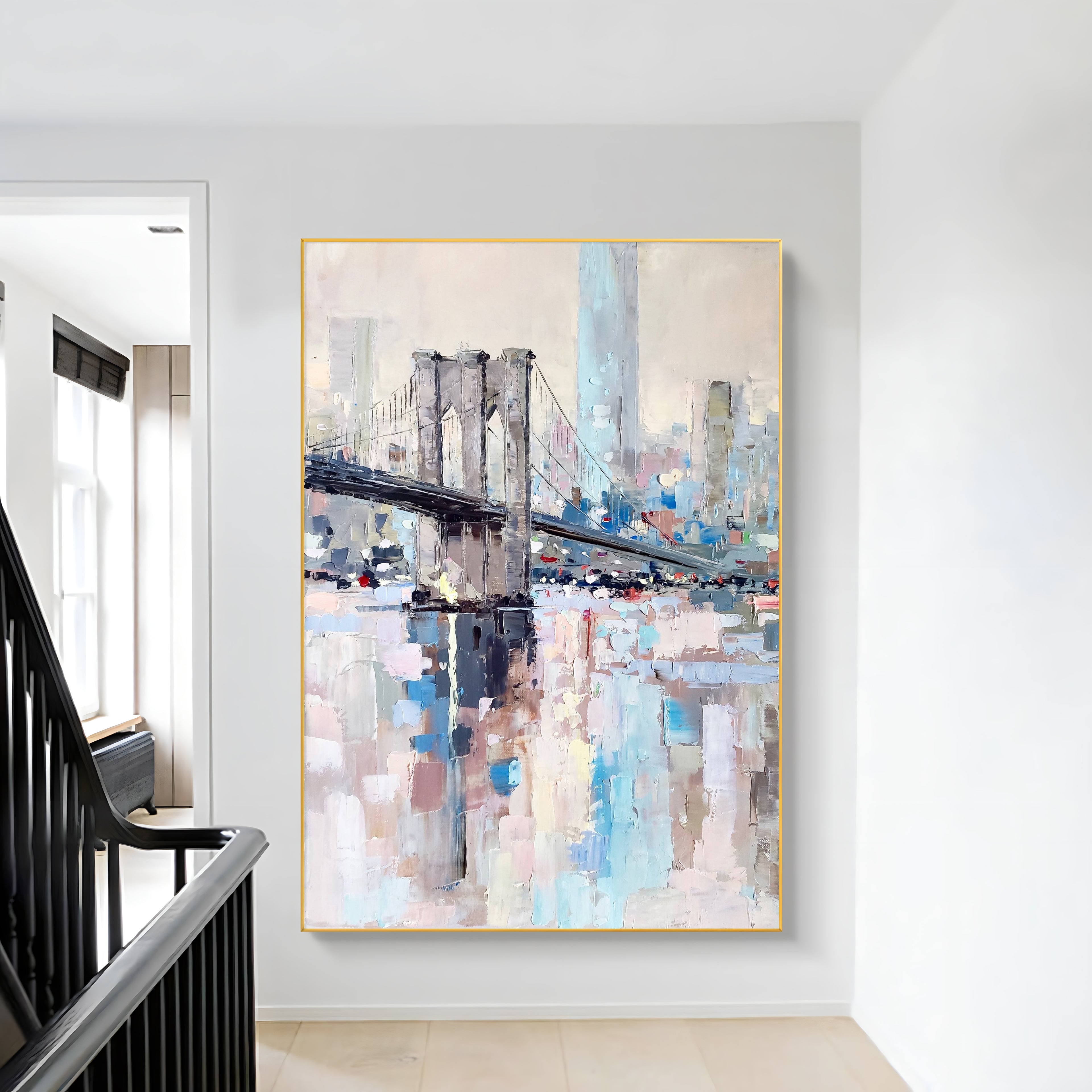 a painting hanging on a wall next to a banister