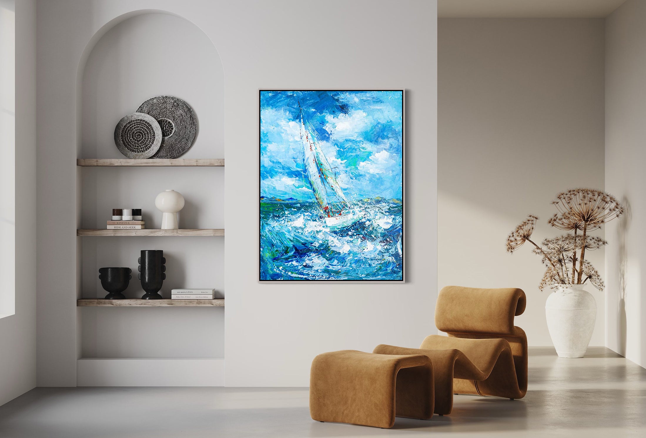 a painting of a sailboat in a blue ocean