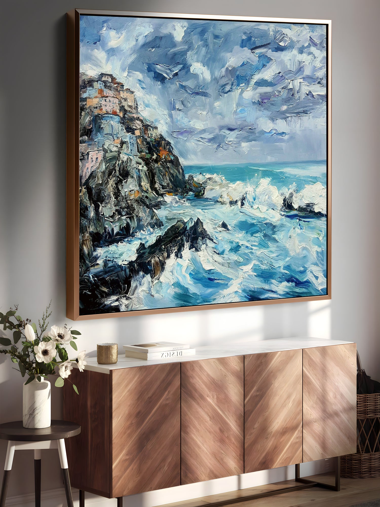 a painting hanging on a wall next to a sideboard