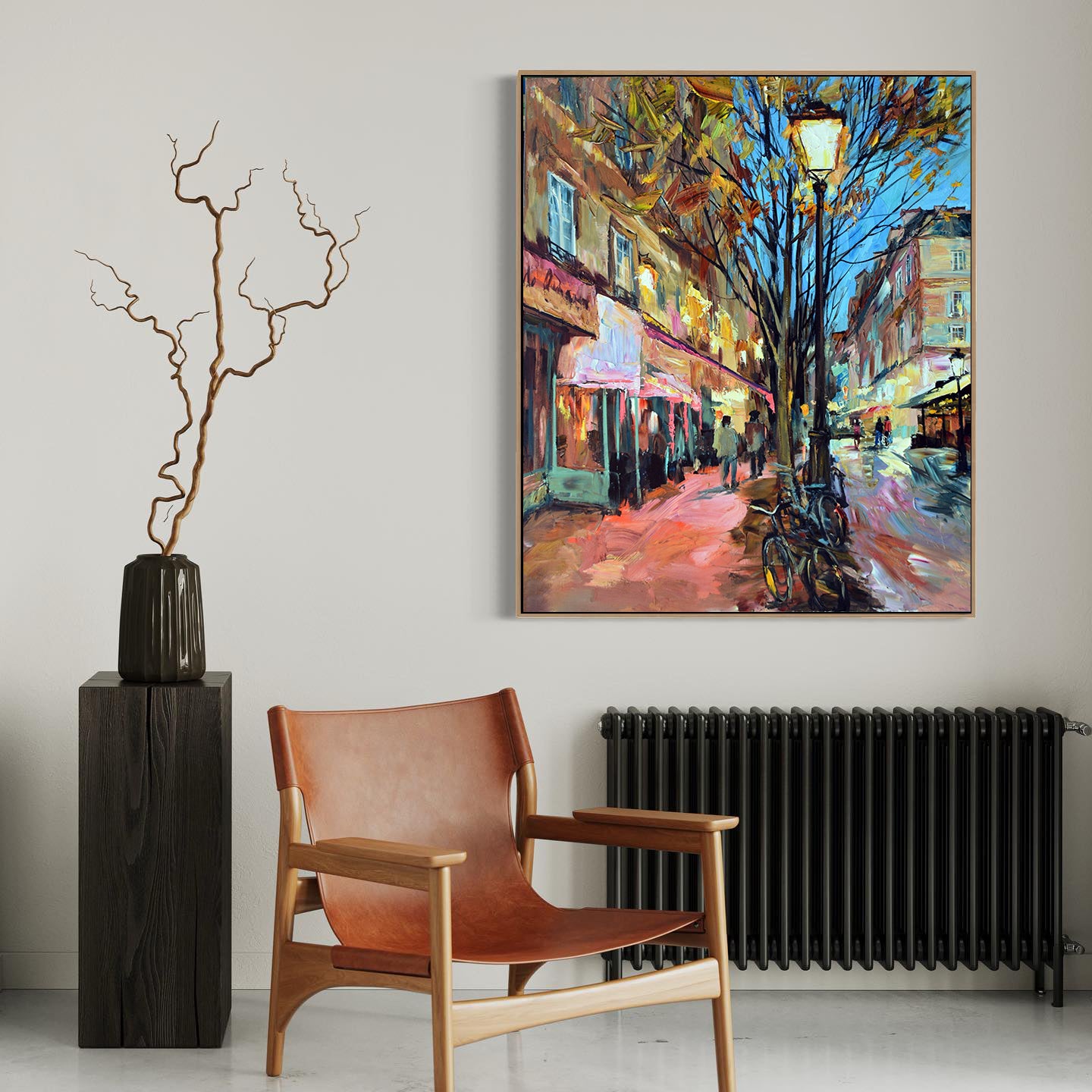 a painting of a city street next to a radiator