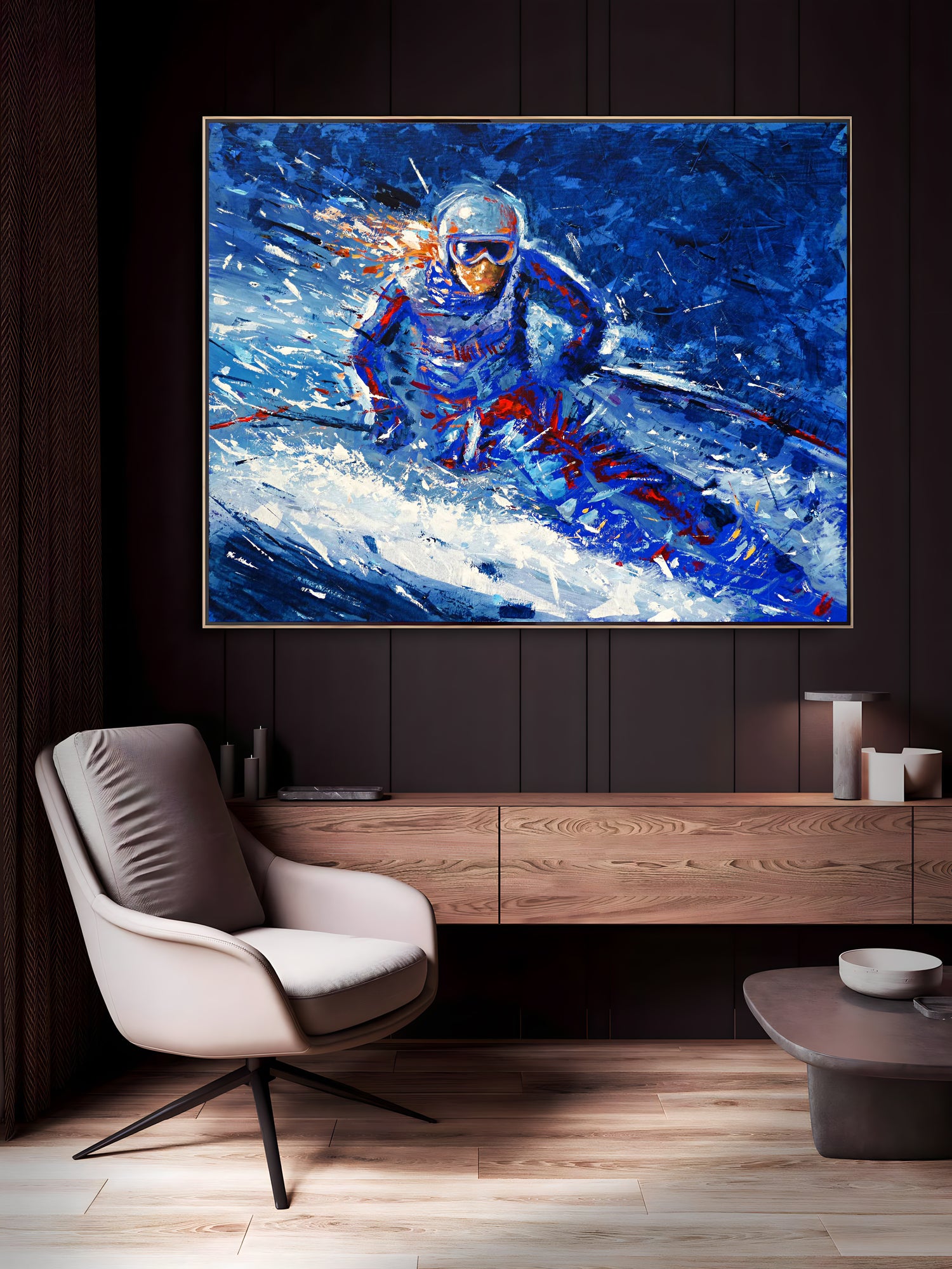 a painting of a man on a surfboard in a living room