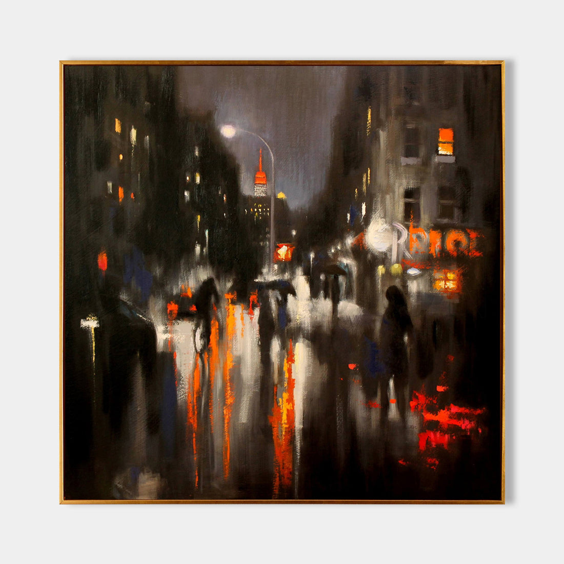 a painting of people with umbrellas in the rain