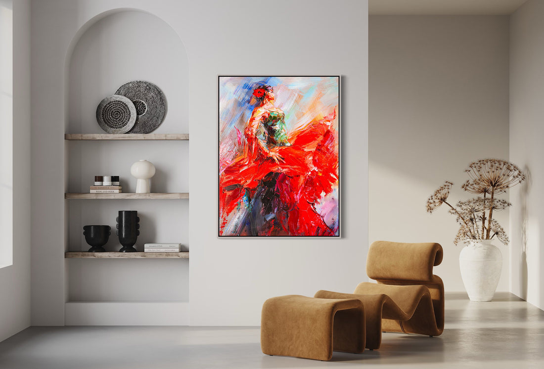 a painting hanging on a wall in a living room