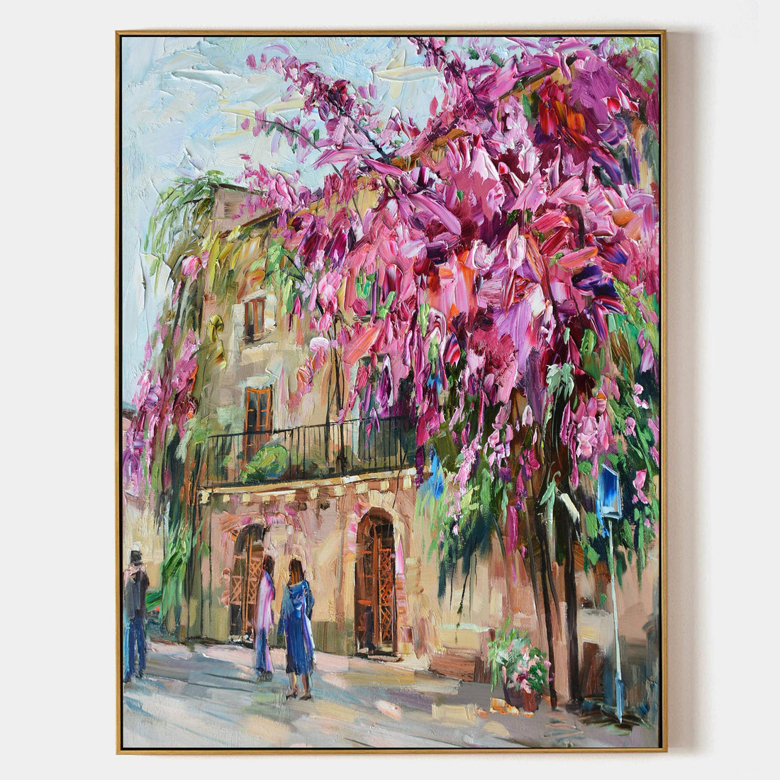 a painting of a building with a tree in front of it