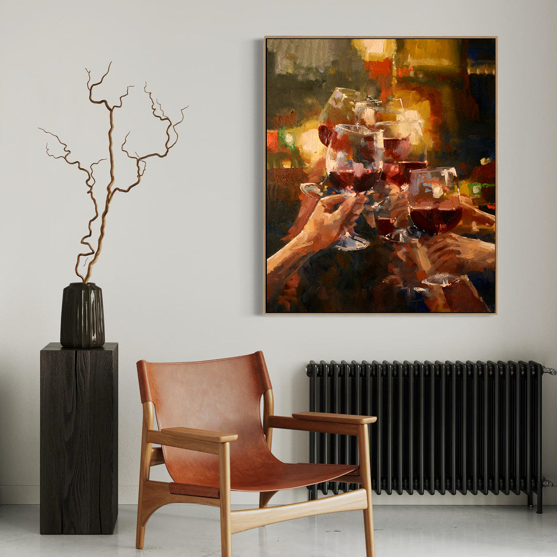 a painting of a group of people toasting with wine glasses