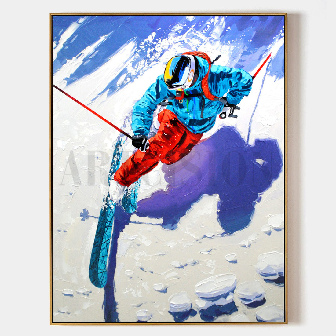 a painting of a man skiing on a mountain